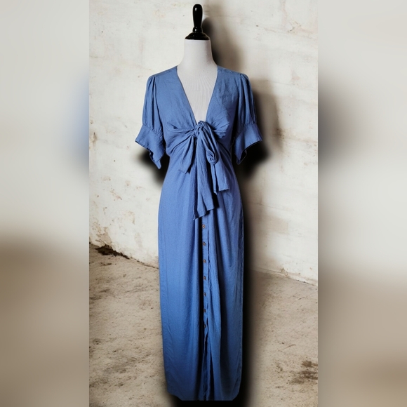 Free People Vintage Summer Midi Dress S Chambray Blue - Picture 3 of 9